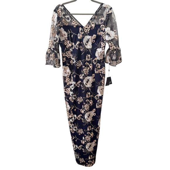 NWT Adrianna Papell Embroidered Floral Column Gown Maxi Dress Navy Blue Size 12 - Picture 4 of 11
